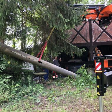 Der Mast wird neben dem Kran abgelegt um später zersägt zu werden