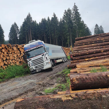 Der LKW liegt an einem Holzpolter